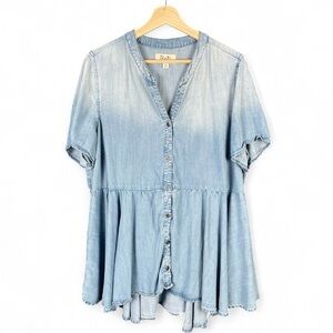 RWN Plus Size 1X Blue Peplum Chambray Cottage Peasant Bohemian Flowy Tunic Top